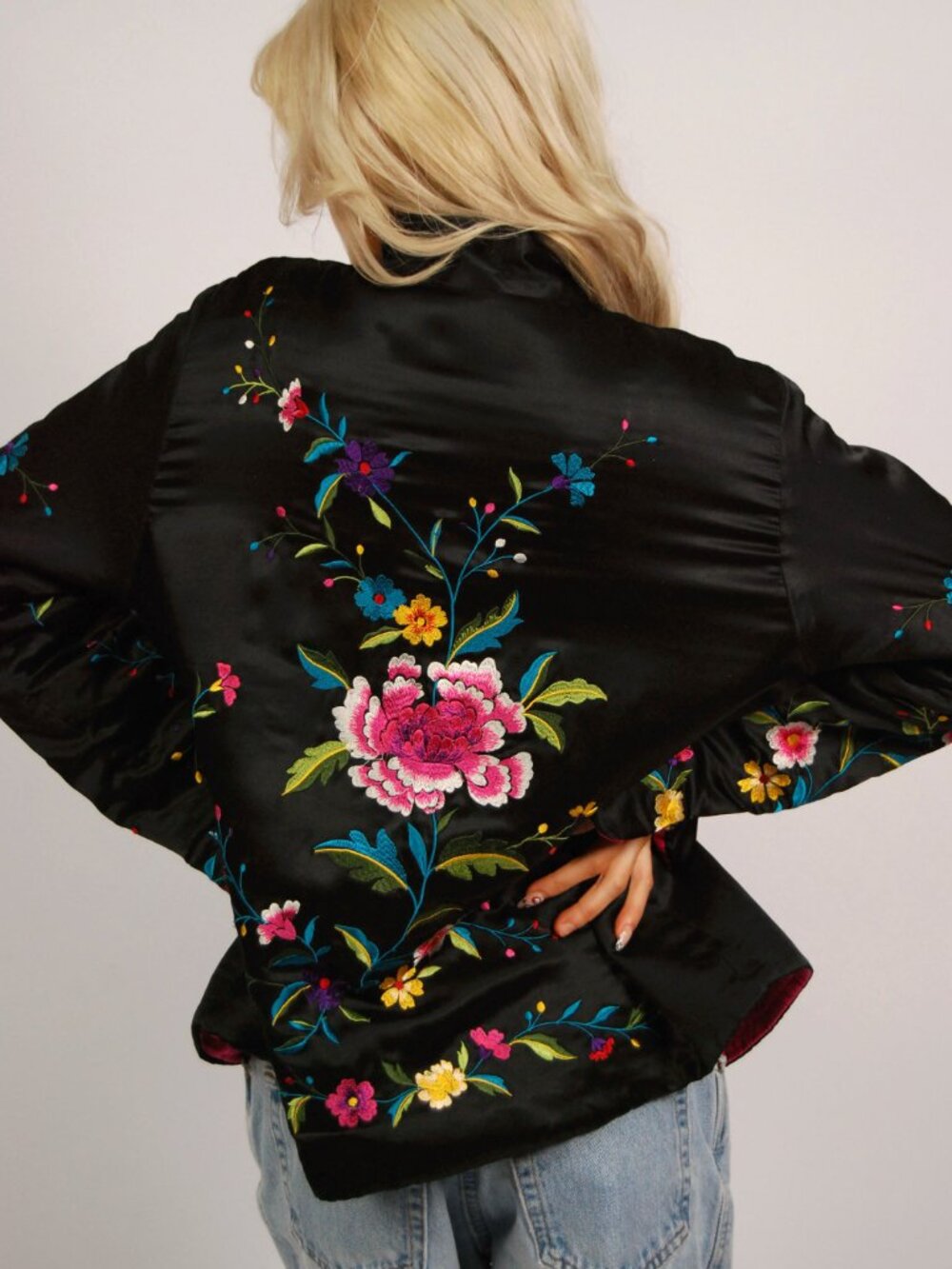 90s Silk Sukajan Jacket (M) medium black vintage womens embroidered chinese art - Picture 6 of 10